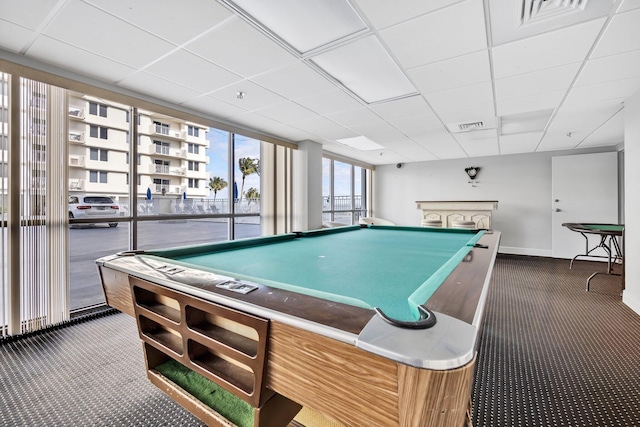 rec room with a paneled ceiling, dark carpet, and pool table