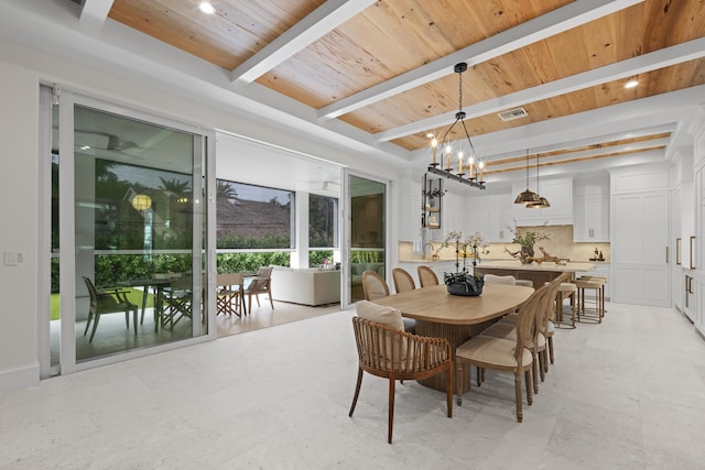 dining room featuring beam ceiling, wooden ceiling, and an inviting chandelier