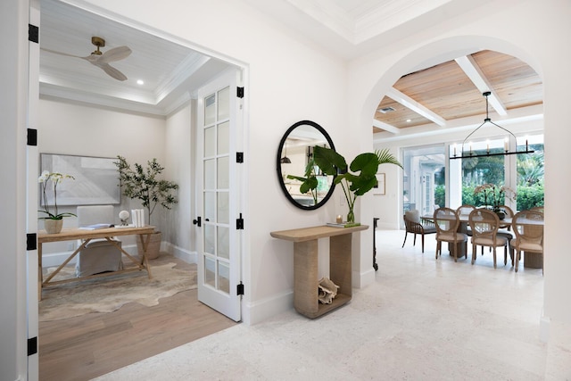 corridor featuring french doors, wood ceiling, crown molding, beamed ceiling, and light hardwood / wood-style floors