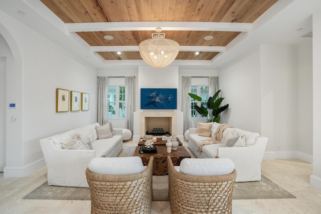 living room featuring beamed ceiling and wooden ceiling