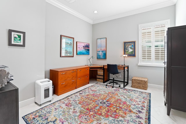 tiled office space with crown molding