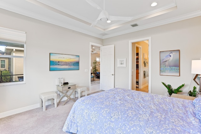 carpeted bedroom with ceiling fan and crown molding