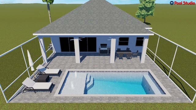 view of swimming pool with a patio and ceiling fan