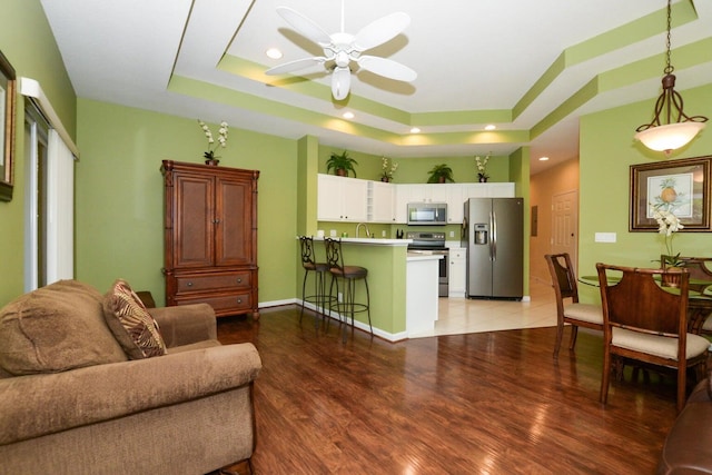 living room with dark hardwood / wood-style floors, ceiling fan, a tray ceiling, and sink