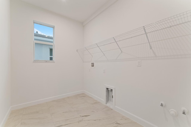 laundry room with marble finish floor, baseboards, gas dryer hookup, hookup for a washing machine, and laundry area