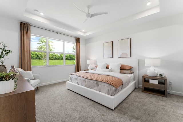 bedroom with baseboards, carpet, and a tray ceiling