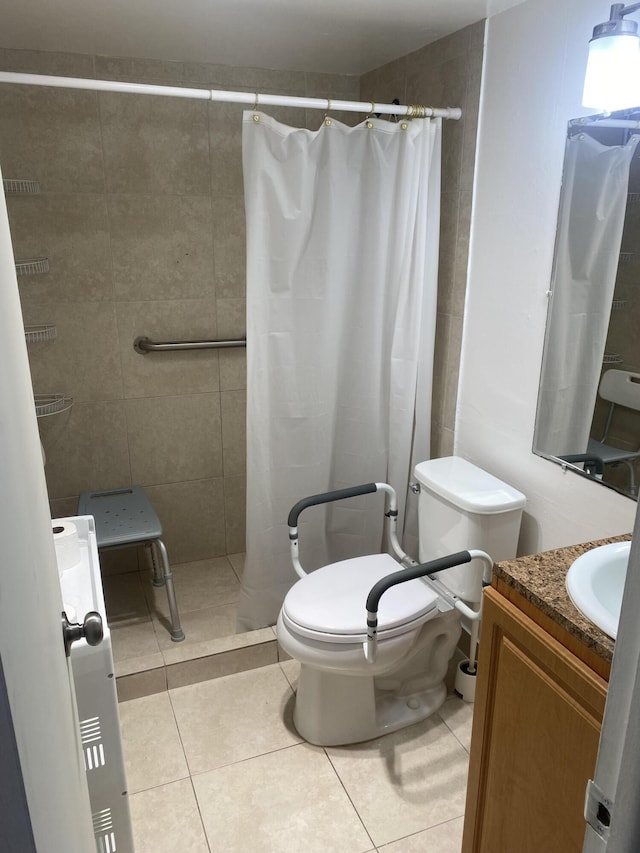 bathroom with curtained shower, tile patterned flooring, vanity, and toilet