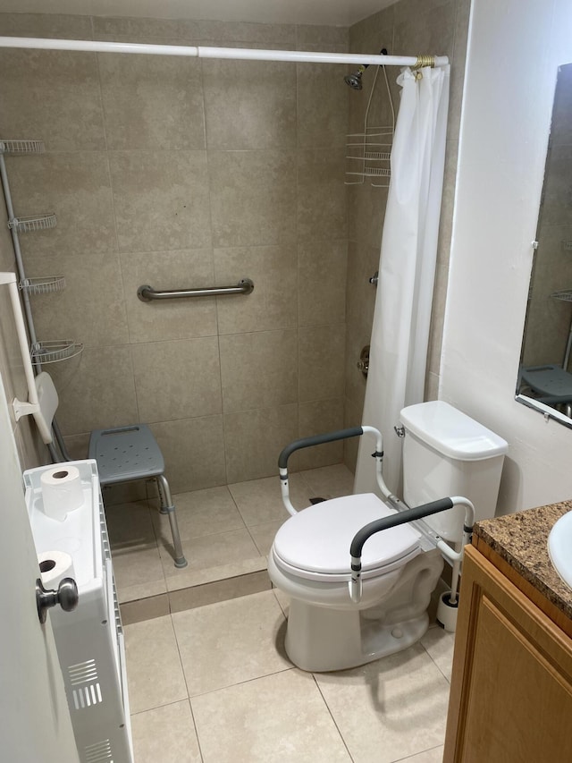 bathroom with tile patterned flooring, a shower with curtain, toilet, and vanity