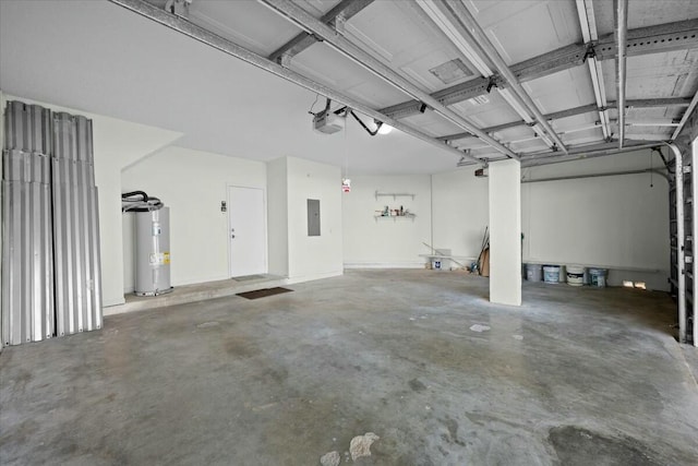 garage featuring a garage door opener, electric water heater, and electric panel