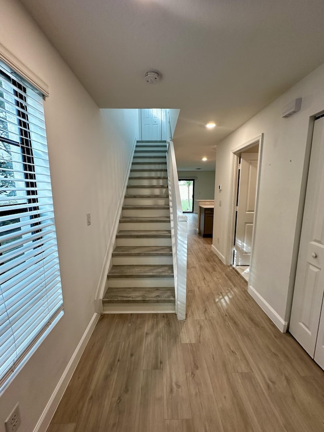 staircase featuring hardwood / wood-style flooring