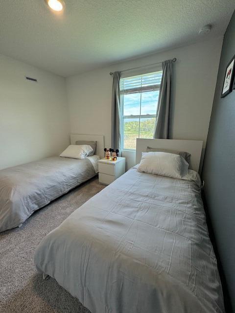 bedroom with carpet floors and a textured ceiling