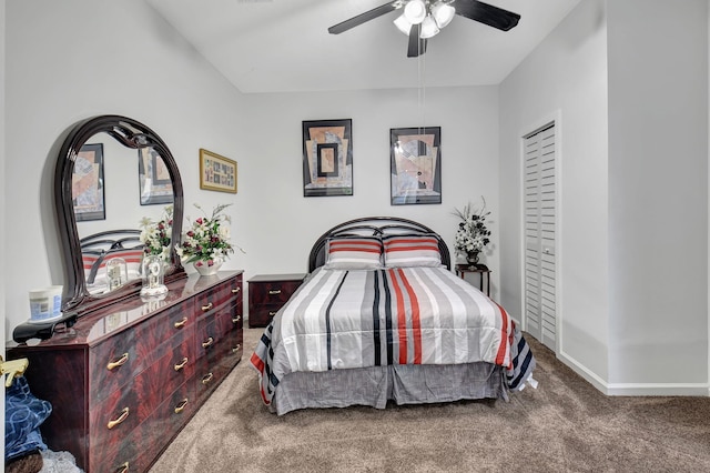 carpeted bedroom featuring ceiling fan