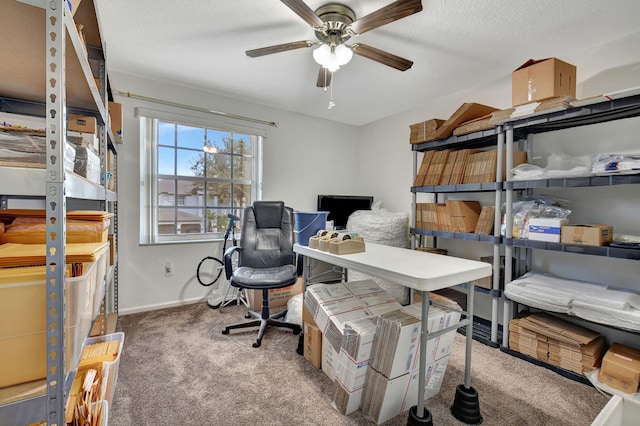 interior space featuring carpet flooring, ceiling fan, and a textured ceiling