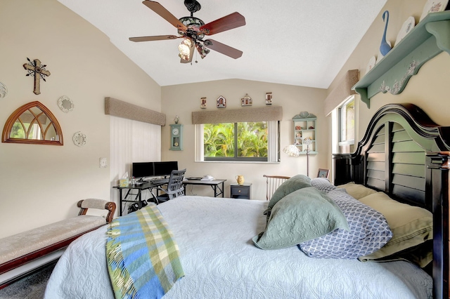 bedroom with lofted ceiling and a ceiling fan