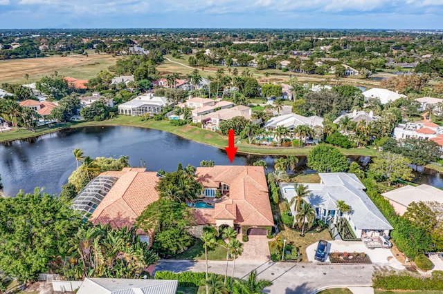 aerial view featuring a water view