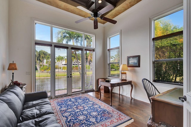 interior space featuring hardwood / wood-style flooring, plenty of natural light, ceiling fan, and beam ceiling