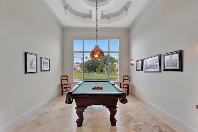 playroom with a tray ceiling, ornamental molding, and pool table