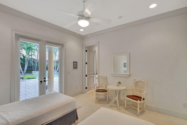 bedroom featuring access to exterior, ceiling fan, french doors, crown molding, and light colored carpet