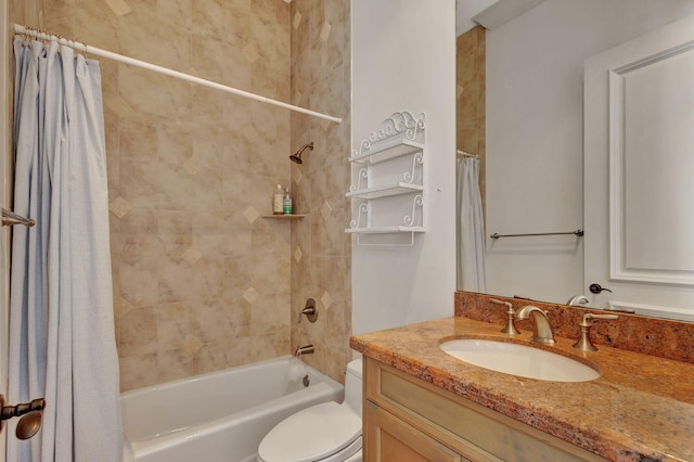 full bathroom with vanity, shower / bathtub combination with curtain, and toilet