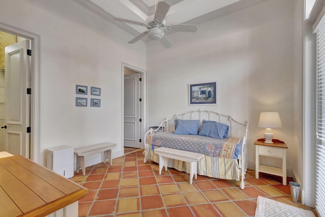 bedroom featuring light tile patterned floors and ceiling fan