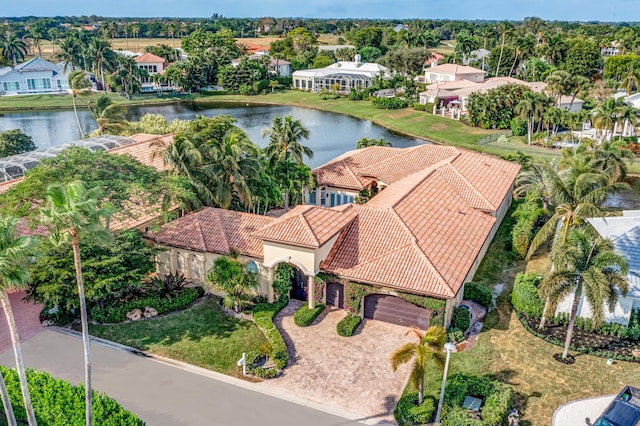 drone / aerial view featuring a water view