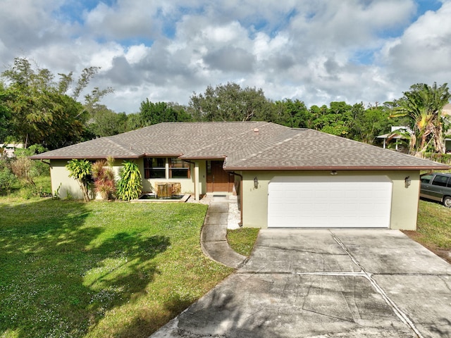 ranch-style house featuring an attached garage, a shingled roof, concrete driveway, stucco siding, and a front lawn