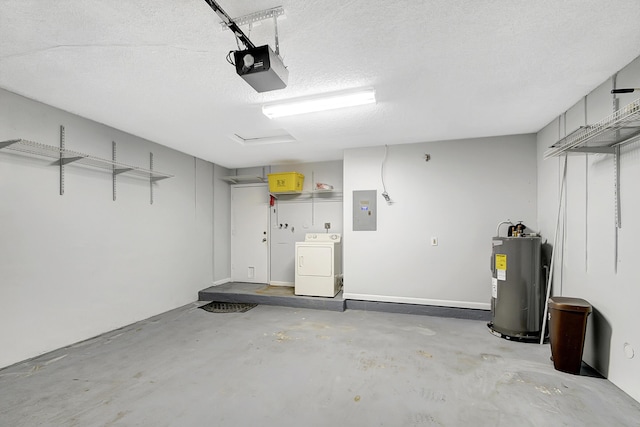 garage featuring a garage door opener, washer / clothes dryer, electric panel, and water heater