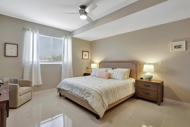 bedroom with light tile patterned floors and ceiling fan