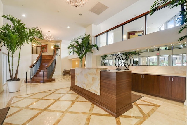 welcome area with an inviting chandelier