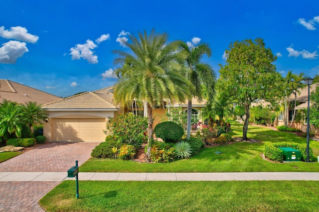view of front of house featuring a tiled roof, a front lawn, stucco siding, decorative driveway, and a garage