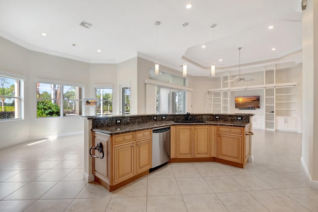 kitchen with built in shelves, dark stone countertops, dishwasher, hanging light fixtures, and a large island