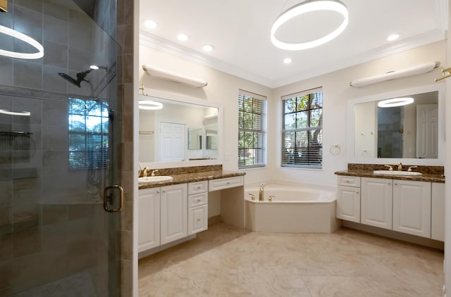 bathroom featuring plus walk in shower and vanity