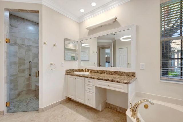 bathroom featuring vanity, plenty of natural light, crown molding, and plus walk in shower