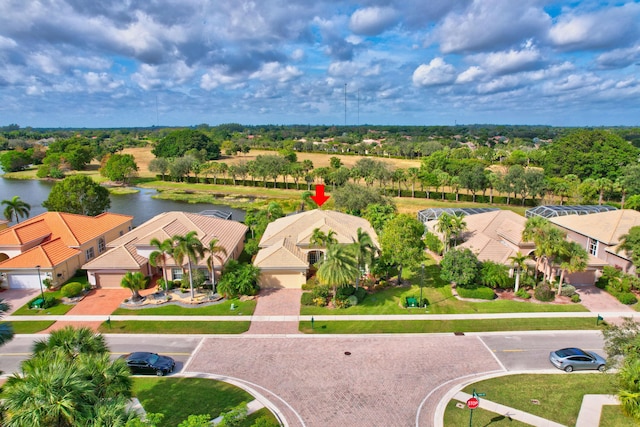 bird's eye view with a water view