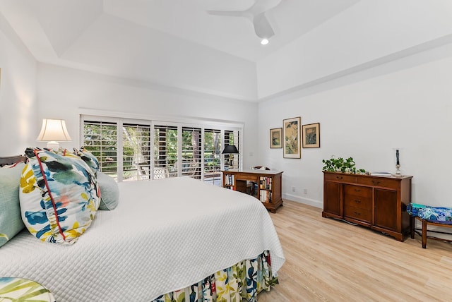 bedroom with ceiling fan and light wood-type flooring