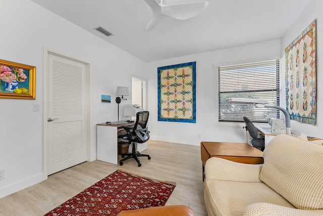 office featuring light hardwood / wood-style flooring and ceiling fan