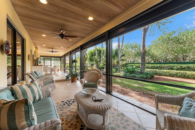 sunroom / solarium featuring ceiling fan and wood ceiling