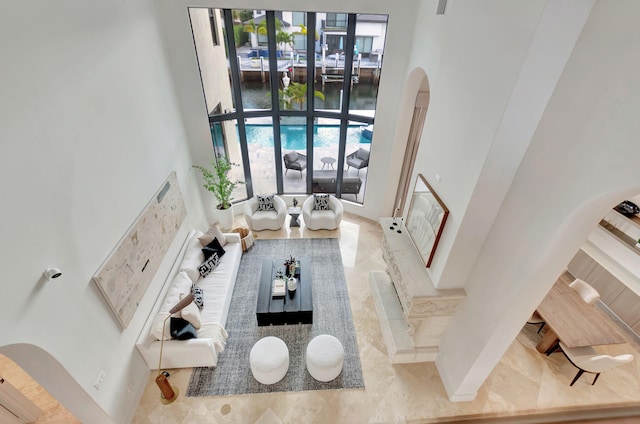 living room featuring a healthy amount of sunlight and a towering ceiling