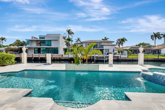 view of pool with pool water feature, a boat dock, central AC unit, and an in ground hot tub