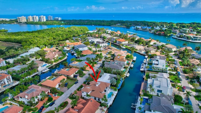 aerial view featuring a water view