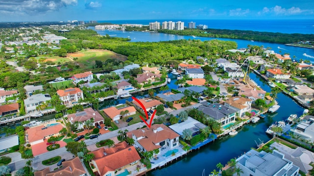 drone / aerial view featuring a water view