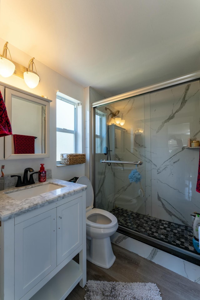 bathroom featuring vanity, hardwood / wood-style flooring, toilet, and a shower with door