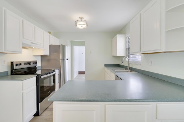 kitchen with kitchen peninsula, white cabinetry, stainless steel range with electric stovetop, and sink