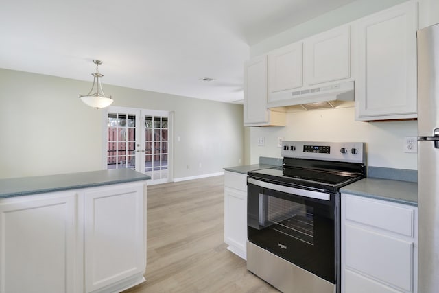 kitchen with french doors, appliances with stainless steel finishes, pendant lighting, white cabinets, and light wood-type flooring