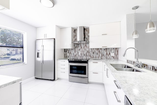 kitchen with white cabinetry, sink, wall chimney range hood, decorative light fixtures, and appliances with stainless steel finishes