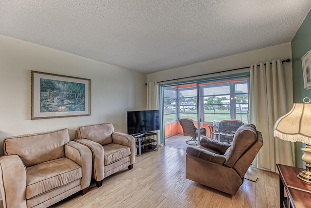 living room with a textured ceiling and light wood-type flooring