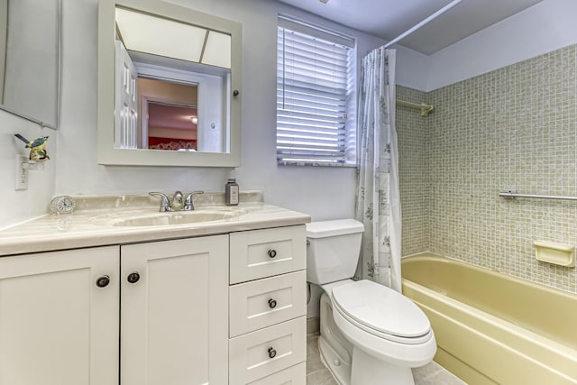 full bathroom featuring tile patterned floors, vanity, shower / tub combo, and toilet