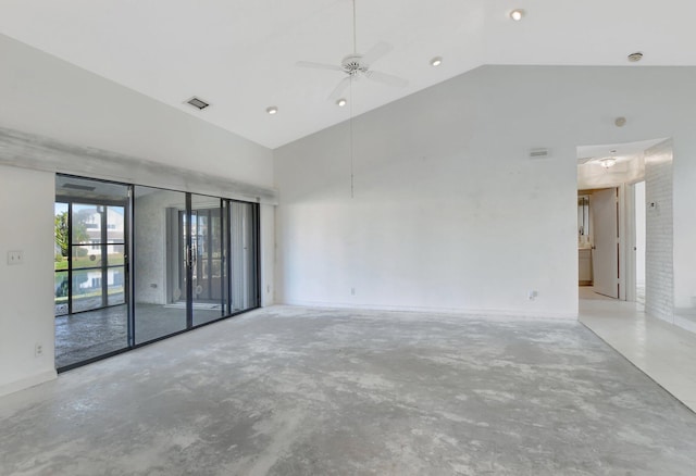 spare room featuring high vaulted ceiling and ceiling fan