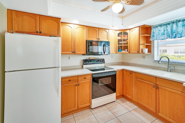 kitchen featuring ceiling fan, white appliances, sink, and light tile patterned floors