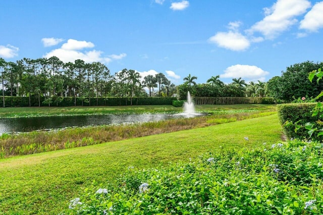 view of property's community featuring a lawn and a water view